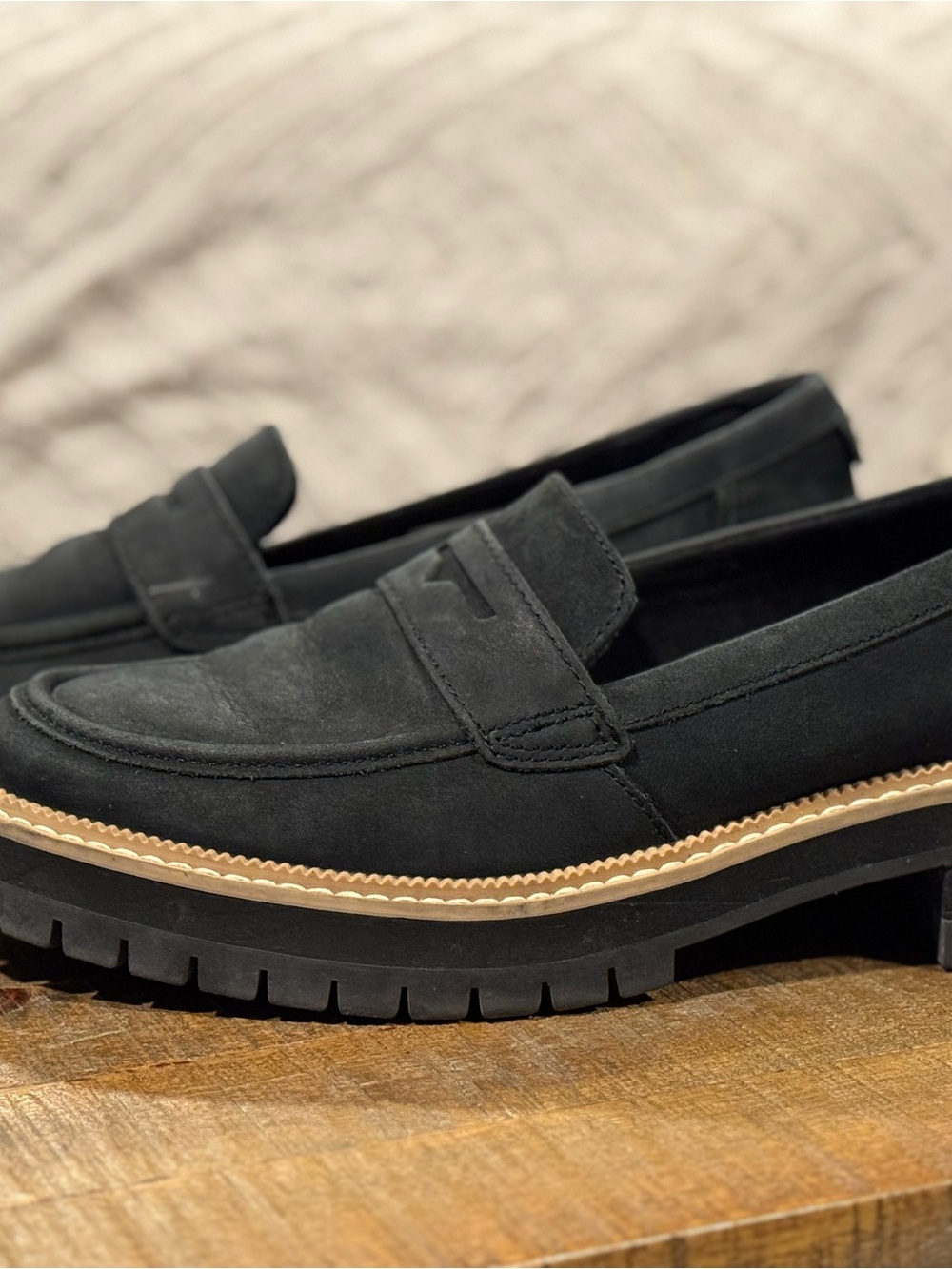 Toms Black Suede Lug Sole Penny Loafers